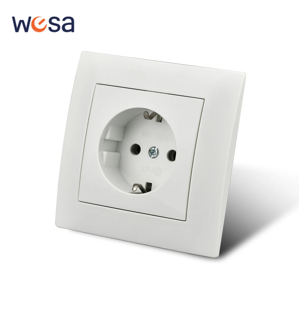 WESA Power Socket 16A EU Standard Electrical Outlet Standard Ground Wall Socket 86mm*86mm White Flame Retardant Plastic Panel