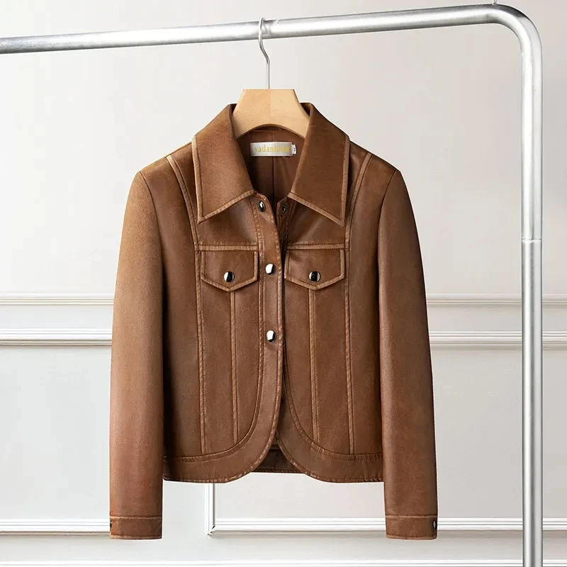 2025 새로운 봄 가을 옷깃 패션 기질 오토바이 가죽 자켓 탑 여성 짧은 슬림 PU 가죽 자켓 코트