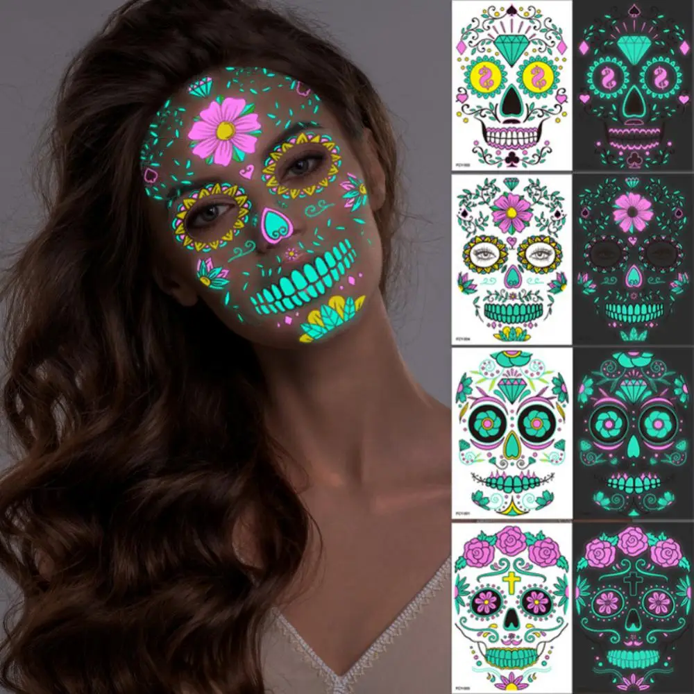 Funny Halloween Luminous Tattoo Sticker Face Sticker Day Of The Dead Face Tattoos Temporary Facial Makeup Festive Cosplay Decor