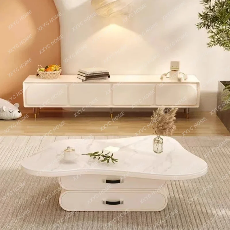 L Cloud Tea Table Cream TV Cabinet Unit Living Room Stone Plate Shaped Tea Table with Drawer