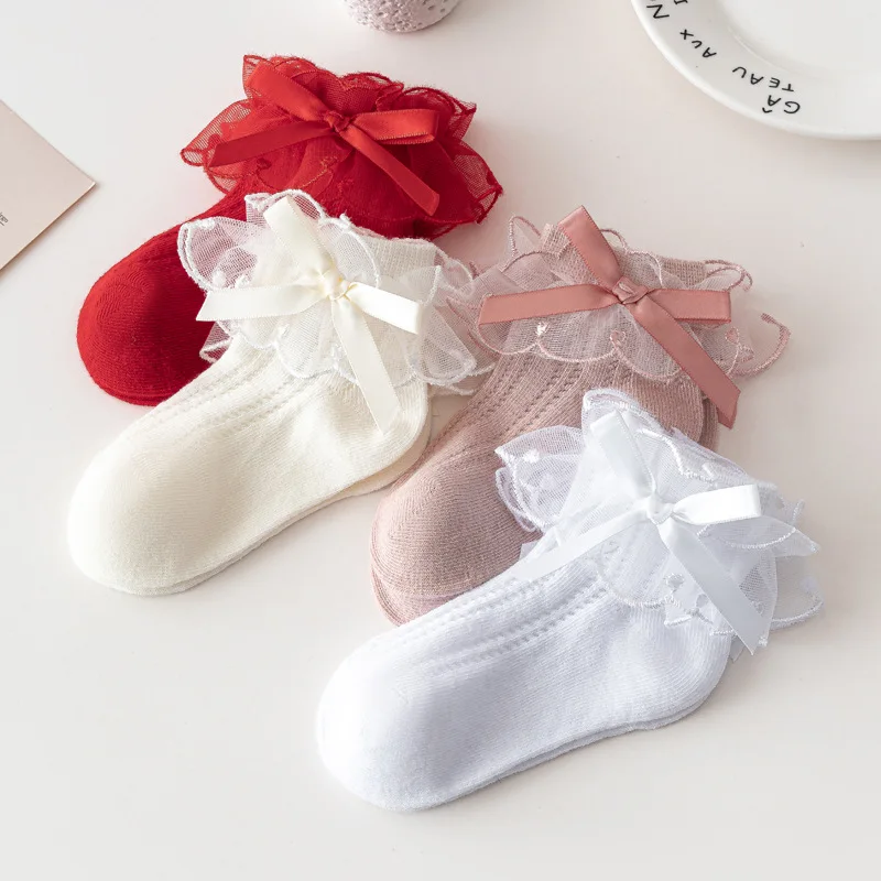 4 Pairs Summer Toddlers Girls Ruffle Frilly Short Socks With Lace Bowknot Lolita Children Dance Sock Party School Baby Socken