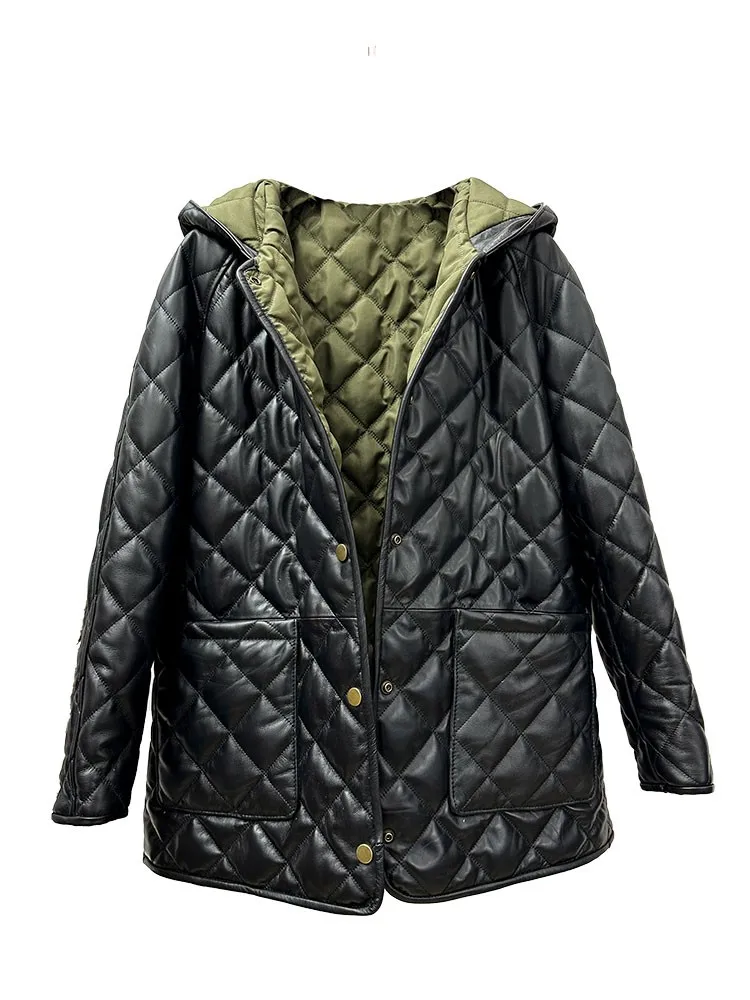Echtes Leder Damen Herbst Winter Jacken Mit Kapuze Reversible Mittlere Lange Gepolsterte Mäntel Natürliche Schaffell Warme Mode Oberbekleidung