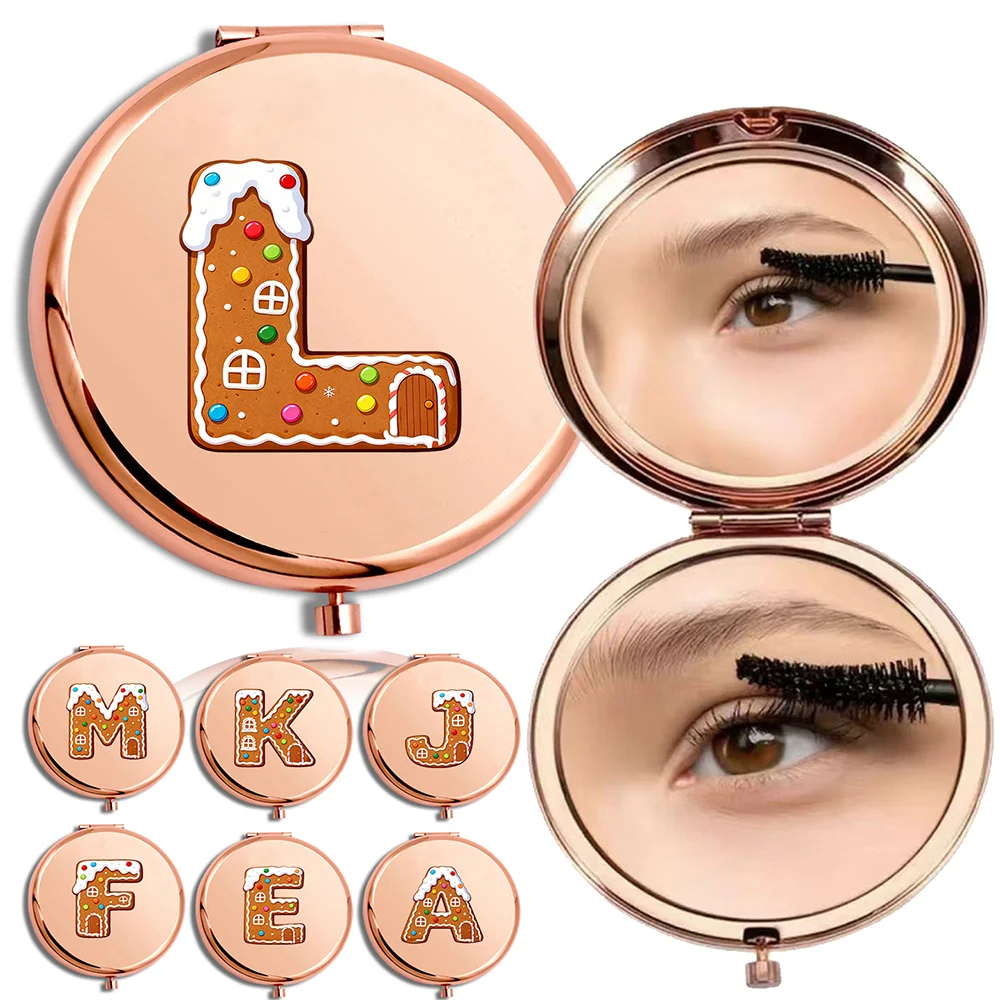 مرآة مكياج معدنية مستديرة للسفر، أداة تجميل محمولة مزدوجة الجانب، مرآة خارجية متينة، نمط منزل خبز الزنجبيل #1