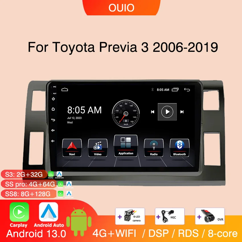 

Android 13 radio For Toyota Previa XR50 3 III Estima 2006-2019 Car stereo Multimedia Player Carplay Auto GPS navigation 2DIN DSP