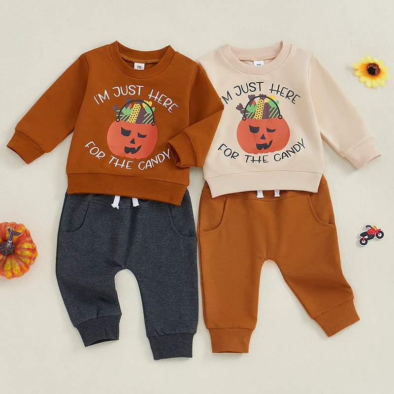 

SUNSIOM Toddler Boys Halloween Set Pumpkin Letter Print Long Sleeve Sweatshirt Pocket Long Pants 2Piece Fall Outfits