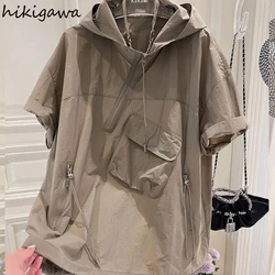 Summer Hoodies Women's Clothing Short Sleeve Hooded Half Zipper Y2k Tops Streetwear Casual Fashion Korean Sweatshirt Ropa Mujer