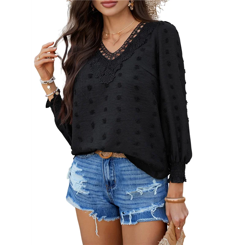 Sommeroberteile für Damen 2025, Boho-Blusen mit Schweizer Punkten, Langarmshirts, fließender V-Ausschnitt, lässiger Bauern-Spitzensaum, Kleidung-A55G