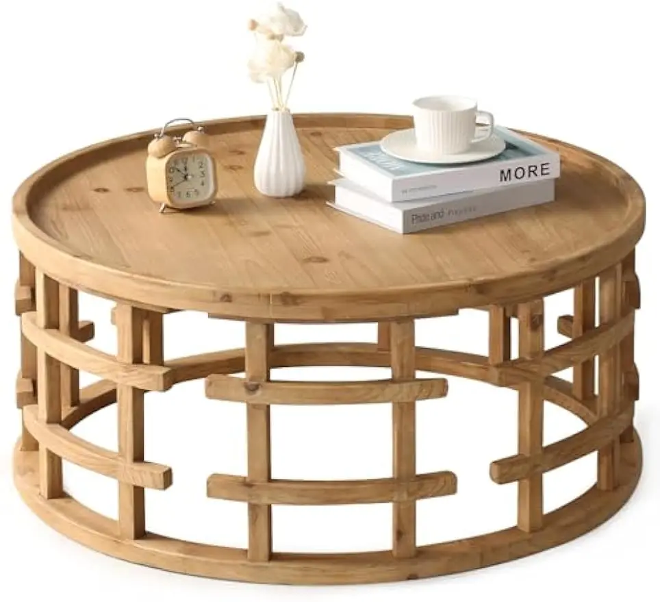 Farmhouse Round Coffee Table French Country Sofa Tables,Rustic Soild Wood Finish with Openwork Pattern and Curved Frame Base