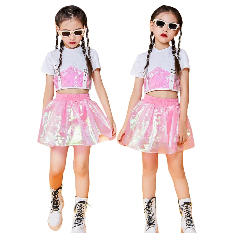 

LOlanta Child White Pink Sequins Cropped Top Skirt Shorts Dance Clothing Kids Jazz Hip-hop Performance Costume Summer Wear