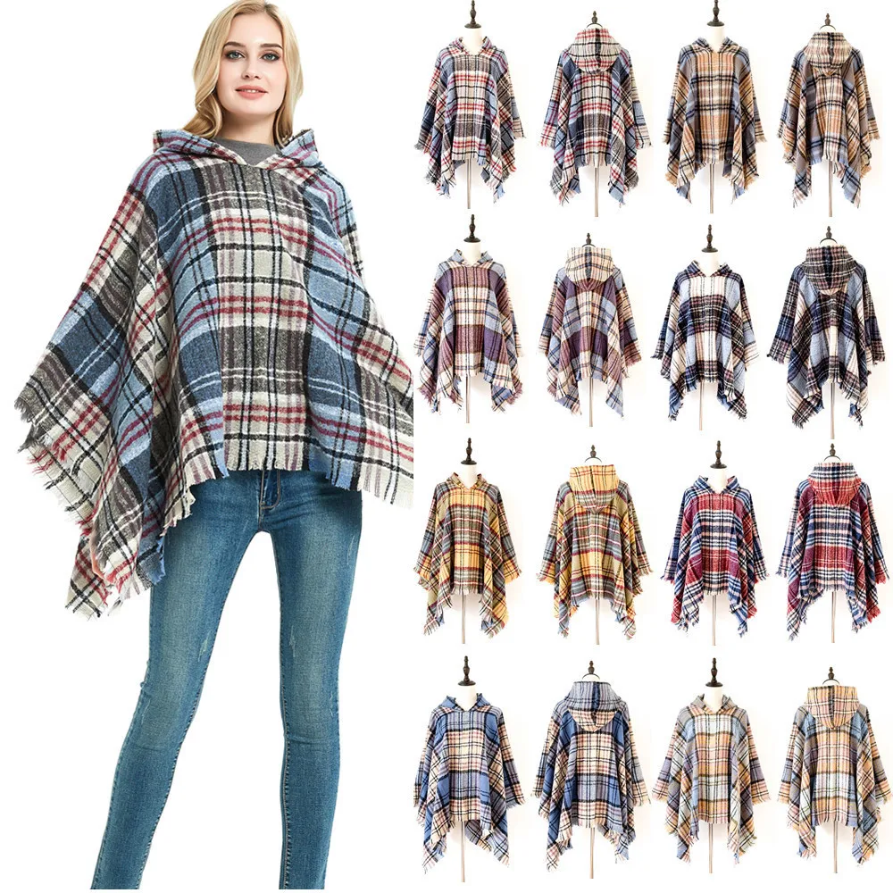 

2024 Women's Fashion Casual Style Hooded Poncho Shawl Warm Plaid RPET Regenerated Fabric Spring Autumn Seasonal Neck Warmer
