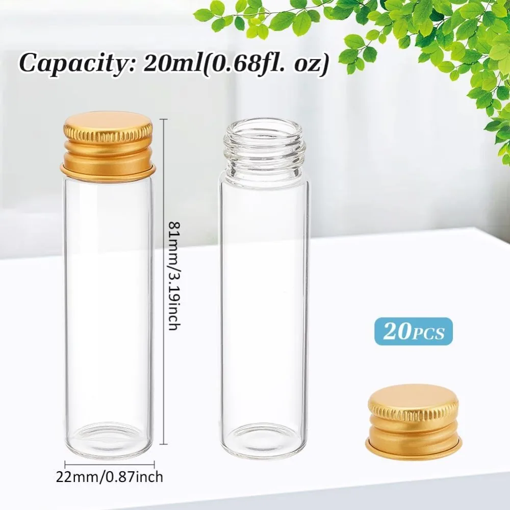 20Pcs 20ml/0.68oz Glass Sealed Bottle with Gold Screw Aluminum Cap Clear Empty Seal Liquid Sample Vial for Samples Message