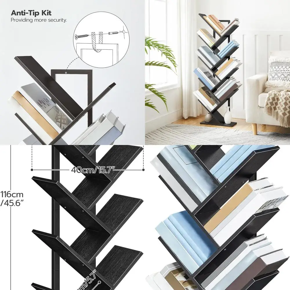 

9-Tier Wooden Bookshelf, Floor Standing Storage Rack for CDs & Books, Suitable for Living Room, Home Office, or Bedroom, Black B