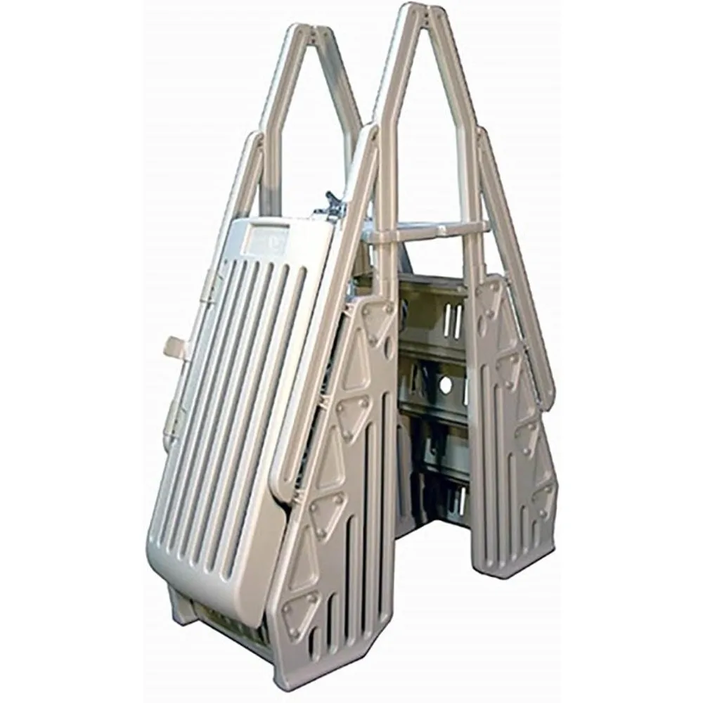 Escalera de piscina doble de 24 pulgadas con puerta, sistema de entrada de escalera ajustable con pasamanos para piscinas sobre el suelo, color topo