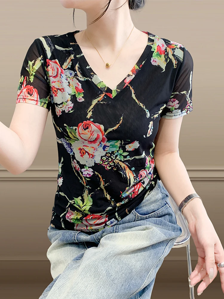 Faionable Camiseta con estampado floral para mujer ort Sve Slim Fit V-Ne f Sve Top de verano Ropa de viaje coreana Sle