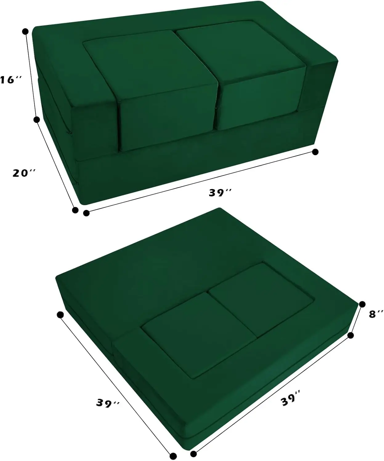 Modular Kids Play Couch Sofa – Green Convertible Toddler Couch, Fold-Out Plush Foam Chair for Children’s Playroom