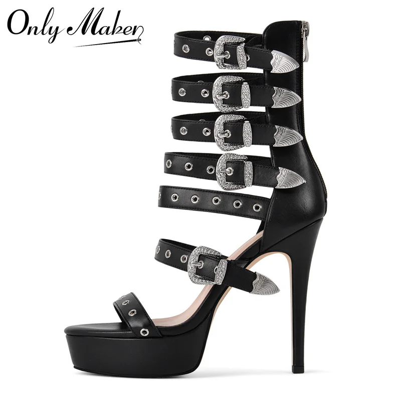 

Onlymaker Women Platform Rivet Buckle Straps High Heeled Sandals Buckle Belt Straps Wrap Gladiator Back Zipper Sandals