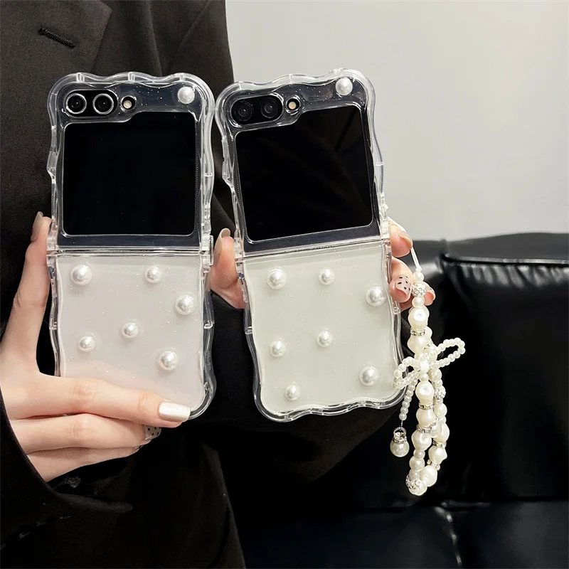 3D Pearl Bracelet Phone Case For Samsung Galaxy Z Flip 6 3 4 5 Wave Clear Shockproof Cover For Samsung Z Flip6 ZFlip 6 ZFlip6