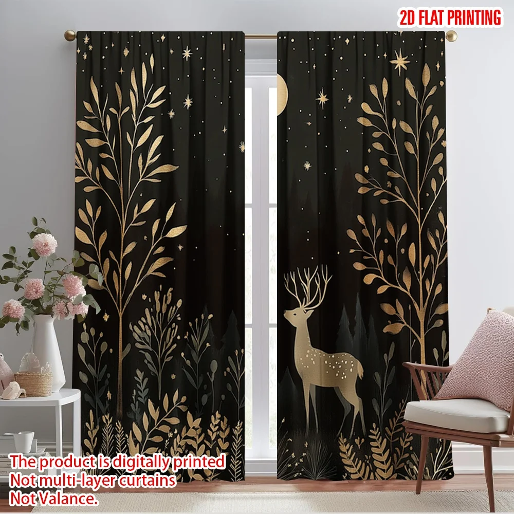 2pcs,2D plane printing Curtain Popular Deer Snow Forest Night Versatile 100% Polyester (without rod) Decorations Inside Perfect