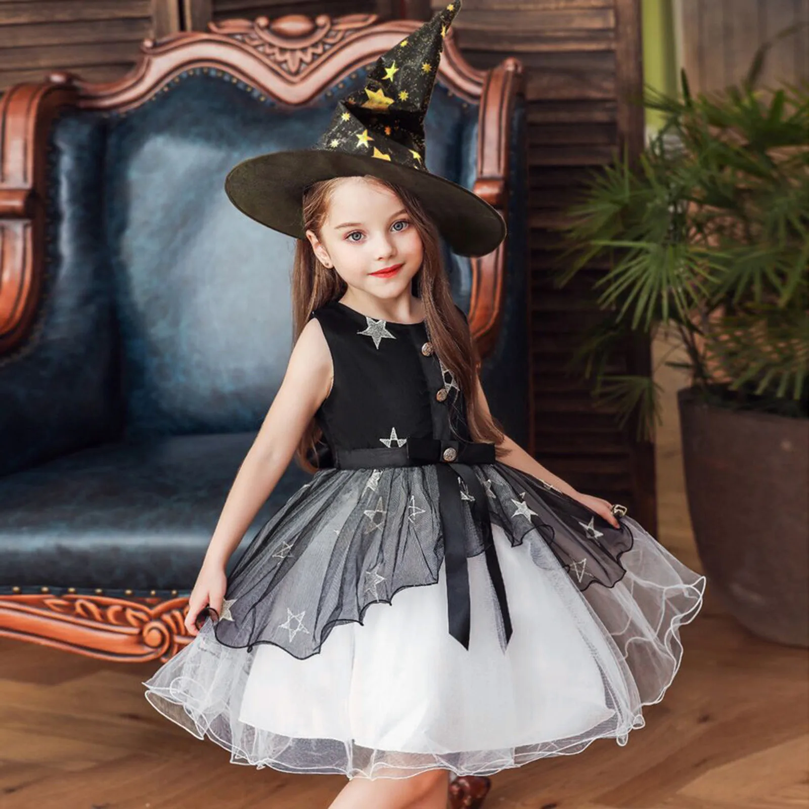 

2PCS Halloween Witch Set Kids Dance Child Costume Princess Girls Party Dress+Hat Pageant Gown Carnival Party Girls Elegant Dress