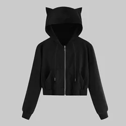 Cat Ear Zip Up Cropped Hoodies Sweatshirts For Teen Girls Kawaii Jackets Pocket Drawstring Harajuku Hoody Sudaderas Tracksuit