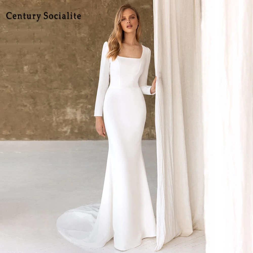 

Civil Wedding Dresses Mermaid Long Sleeve Square Collar Sweep Train Elegant Bridal Dress Women Robe de Mariée 2025 Customized