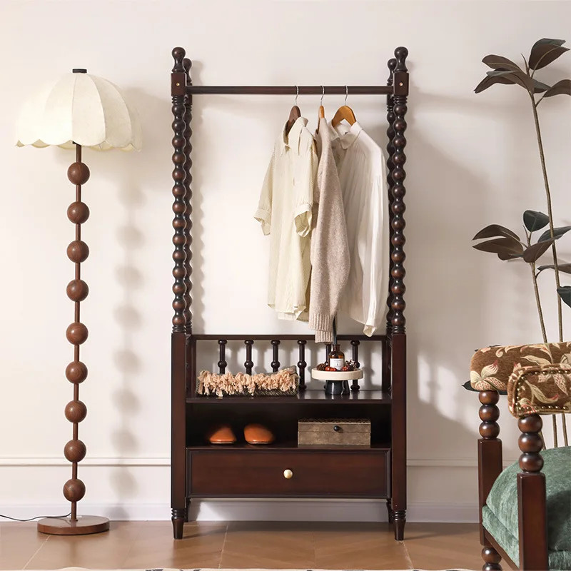 American retro solid wood coat rack integrated multi-functional storage medieval clothing rack