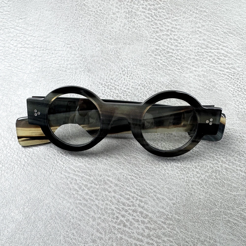 

Мужские круглые винтажные оправы для очков с широкими дужками, уникальные, ручной работы, из рога, для чтения, под диоптрии