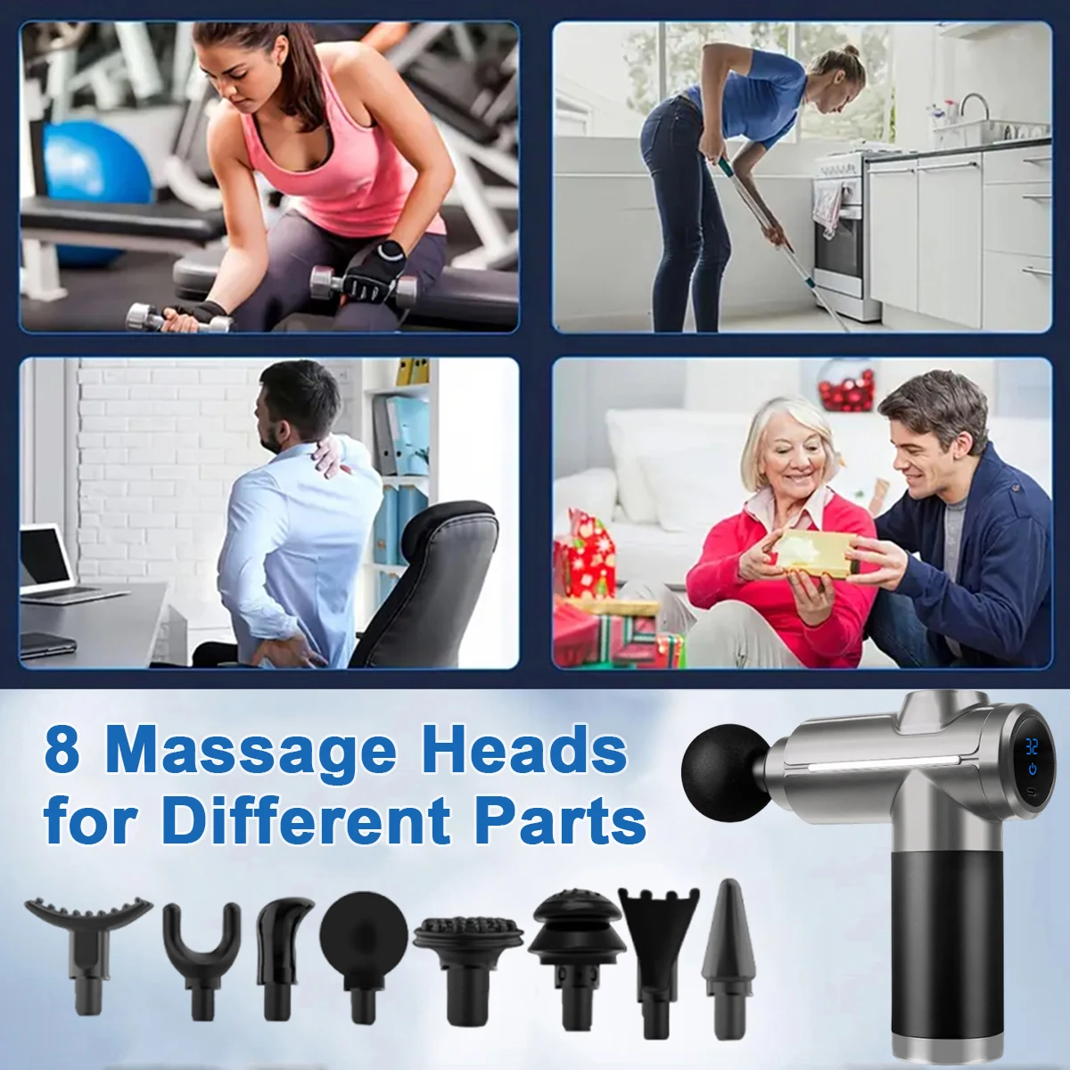 مسدس تدليك احترافي لتخفيف العضلات العميقة مع 32 سرعات و8 رؤوس تدليك قابلة للتبديل شاشة LCD لتخفيف آلام العضلات