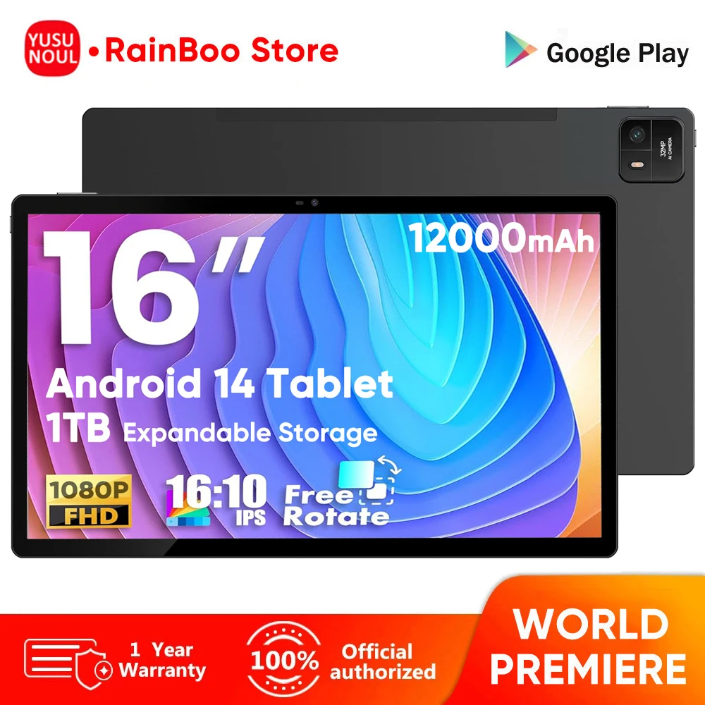 2026 Supergrote 16 inch Android 14 tablet 12000 mAh 1920x1200 IPS-scherm Helio G99 Octa-Core CPU 8 GB + 256 GB WiFi Play Store BT5.0