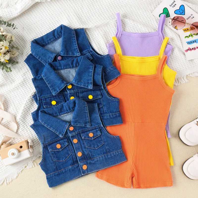 

Children's Fashionable Summer Solid Color Romper for Young Kids+Denim vest set