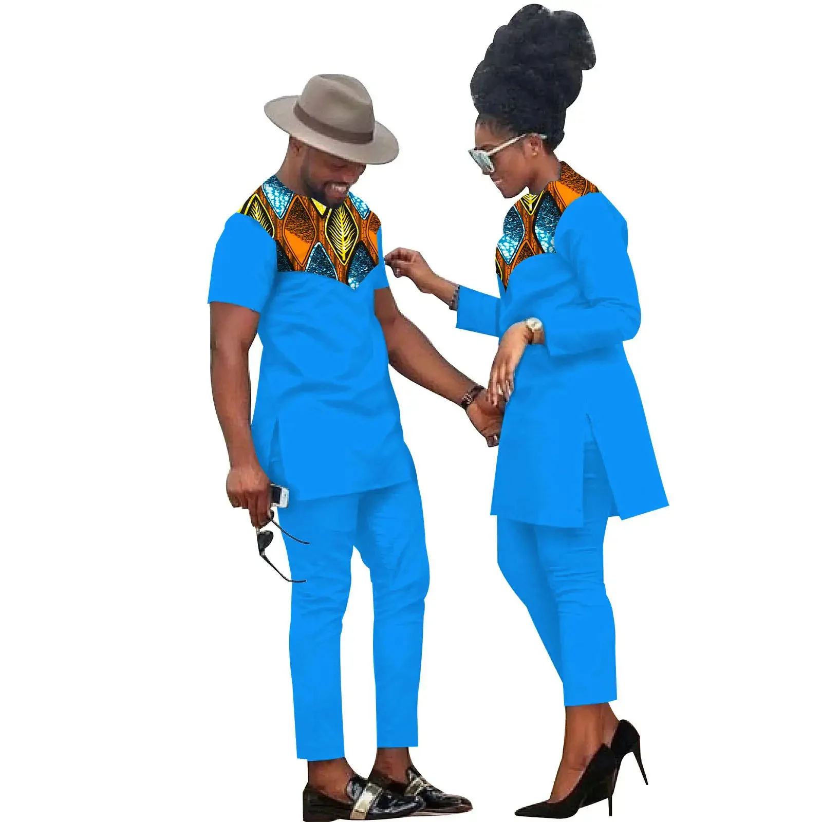 New Dashiki African Women Mermaid Dresses Matching Men Outfits Pant Sets Bazin Riche African Couple Clothes for Wedding Party