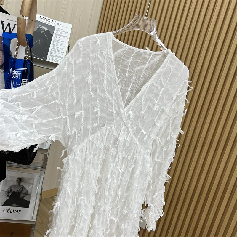 European Style Elegant Lotus Leaf Sleeve Slim Fit Custom Chiffon Tassel Flower V-neck Seaside Holiday Dress Summer Wear Clothes