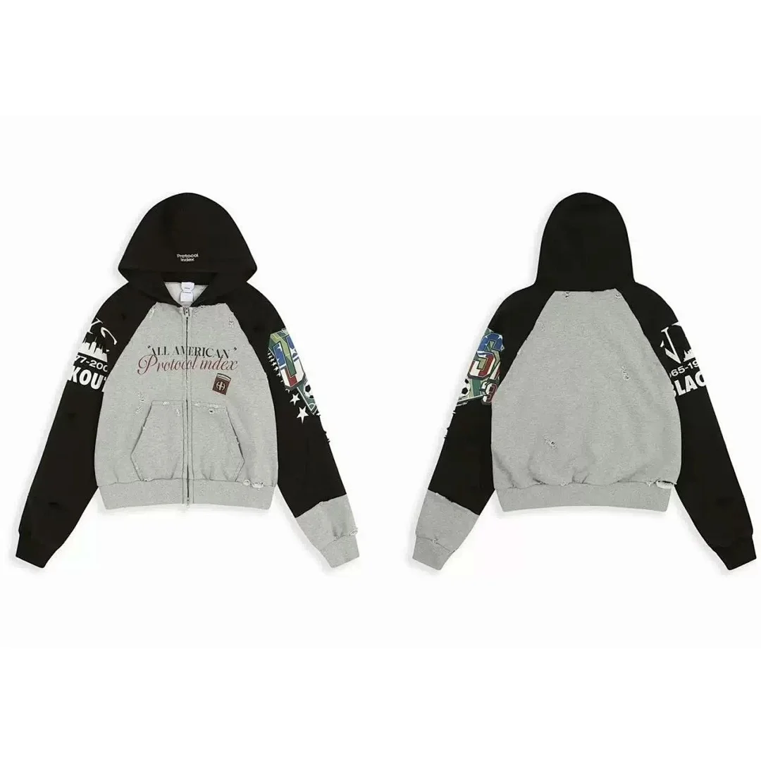 26ss Color-block Spliced Vintage Distressed Printed Zip-up Hooded Sweatshirt Jacket Hiphop Oversized Men Hoodies