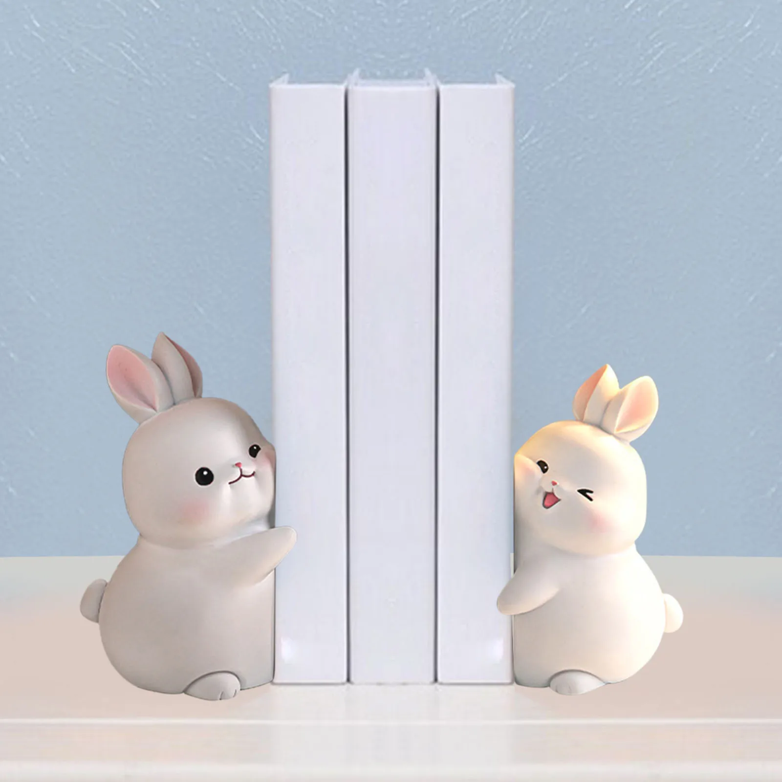 Cute Shelf Rabbit Bookends Resin Figurines Unique Book Stand Holder Organizer Display Support for Office Home Cabinet Decoration
