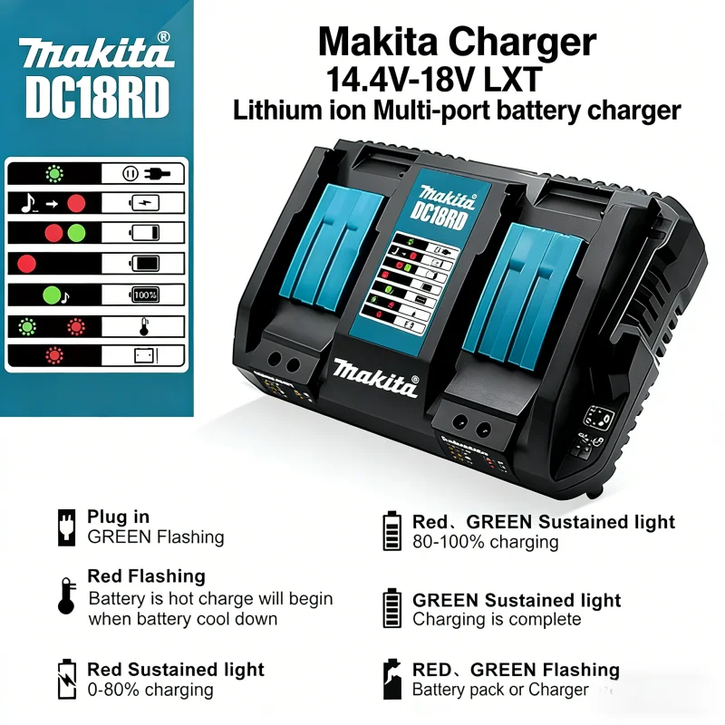Original Makita 14.4V-18V Dual Port Fast Charger DC18RD LXT Compatible for BL1815 BL1830 BL1840 BL1850 BL1860 Li-ion Batteries