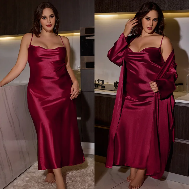 

Robe Dress Suit Plus Size Satin Sleepwear Nightgown Two Piece Kimono Set Casual Long Bathrobe Gown Homewear 3XL 4XL 5XL