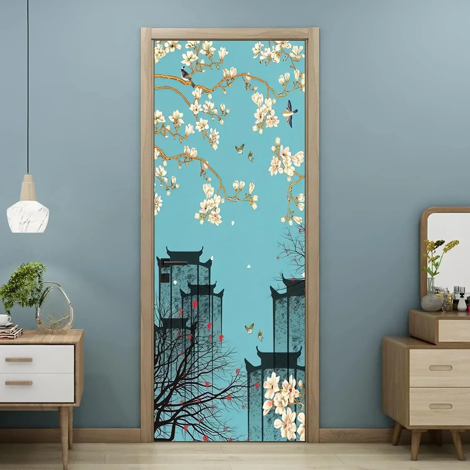 Spring Flowers Door Stickers 3d Pink Cherry Tree Stickers Beautiful Nature Flowers Mural Poster Bedroom Stickers