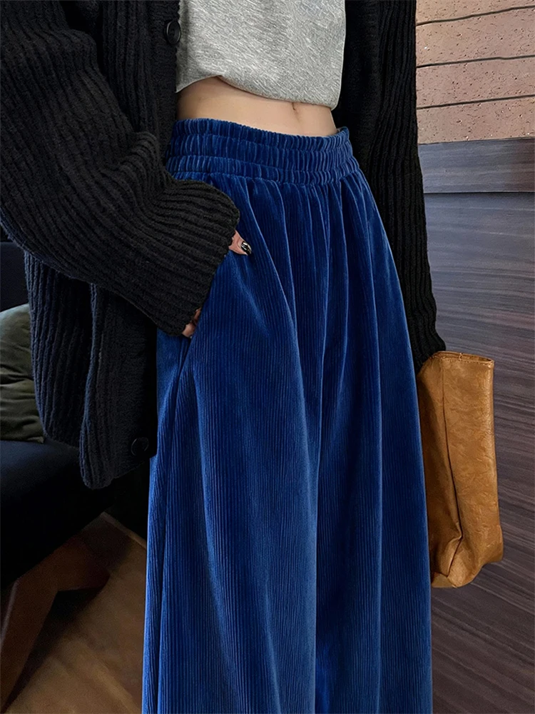 

Американские синие вельветовые брюки с широкими штанинами для женщин, осенне-зимние, новые, с высокой талией, свободные, утепленные, повседневные, прямые брюки