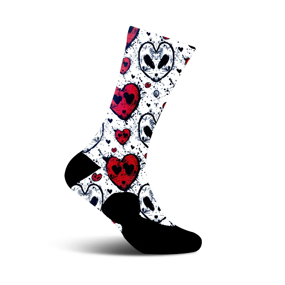 

Trendy Cycling Socks Men Women, Heart & Alien Print Mid - Calf Breathable Moisture Wicking Street Art Style Bike Socks