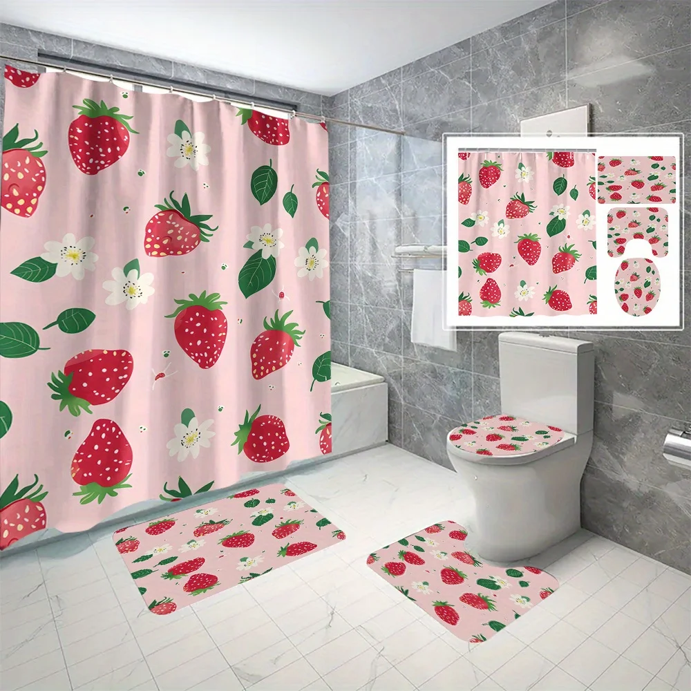 

4pc Strawberry Print Bathroom Set-Shower curtain toilet seat, bath mat and U-shaped rug in a vibrant strawberry and floral print