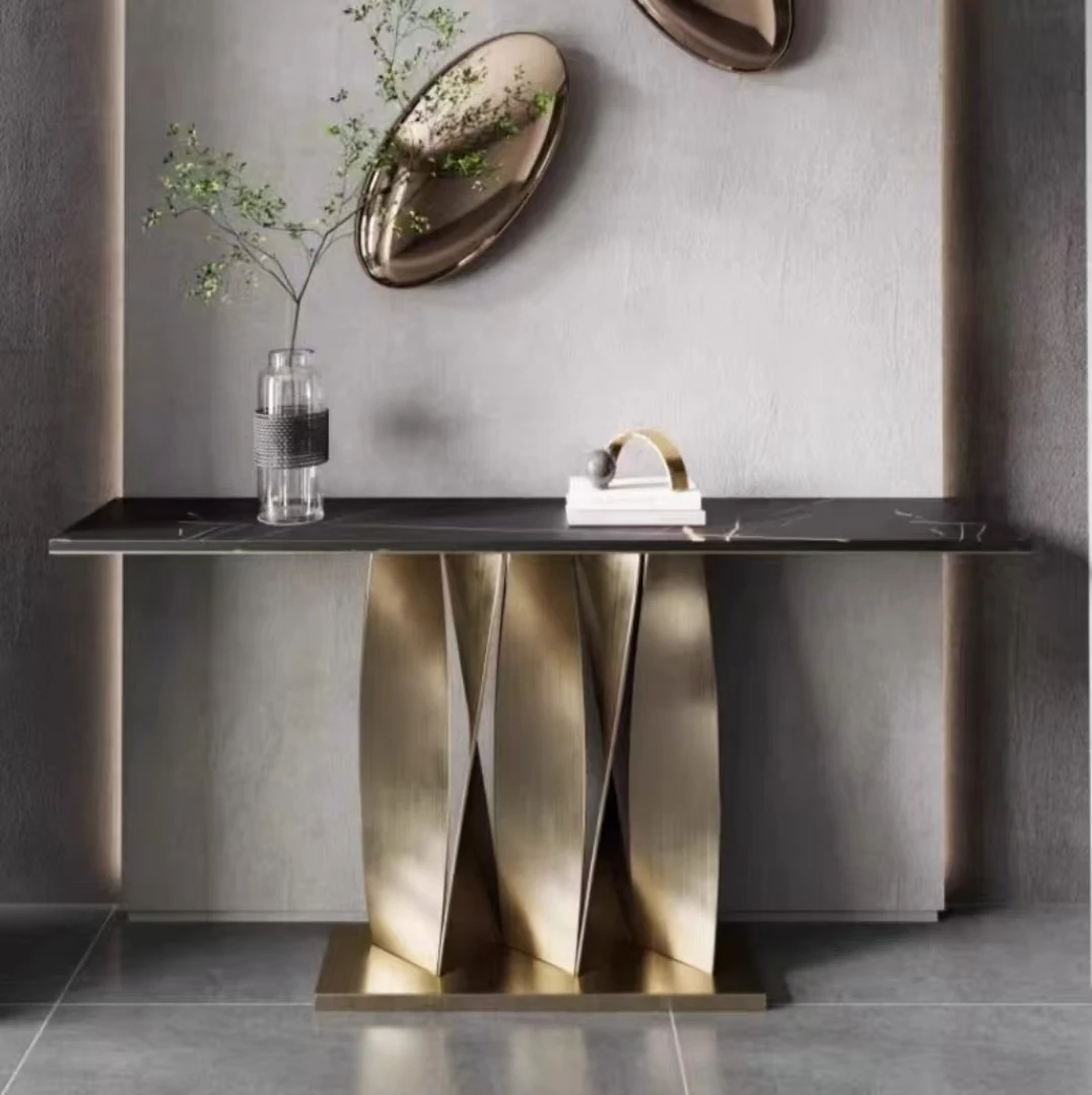 

Modern Console Table with Twisted Metal Base And Black Veined Marble Top Artistry And Sophistication in Home Decor