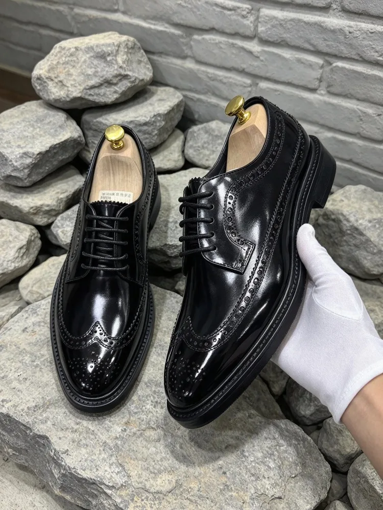 Handmade British Men Black Brogue Oxford Shoes Lace Up Round Toe Genuine Leather Formal Business Wedding Dress Shoes