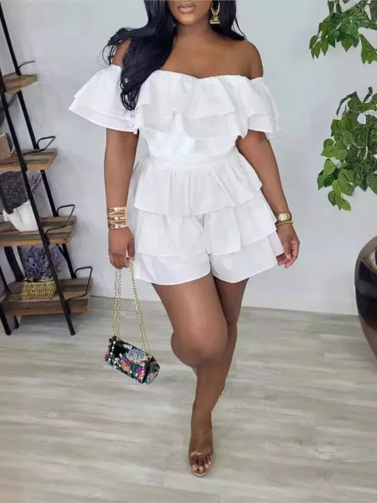 

Elegant Women Playsuit Sexy Off Shoulder Ruffles Slim Short Jumpsuit Summer Fashion Ruffle Rompers Female