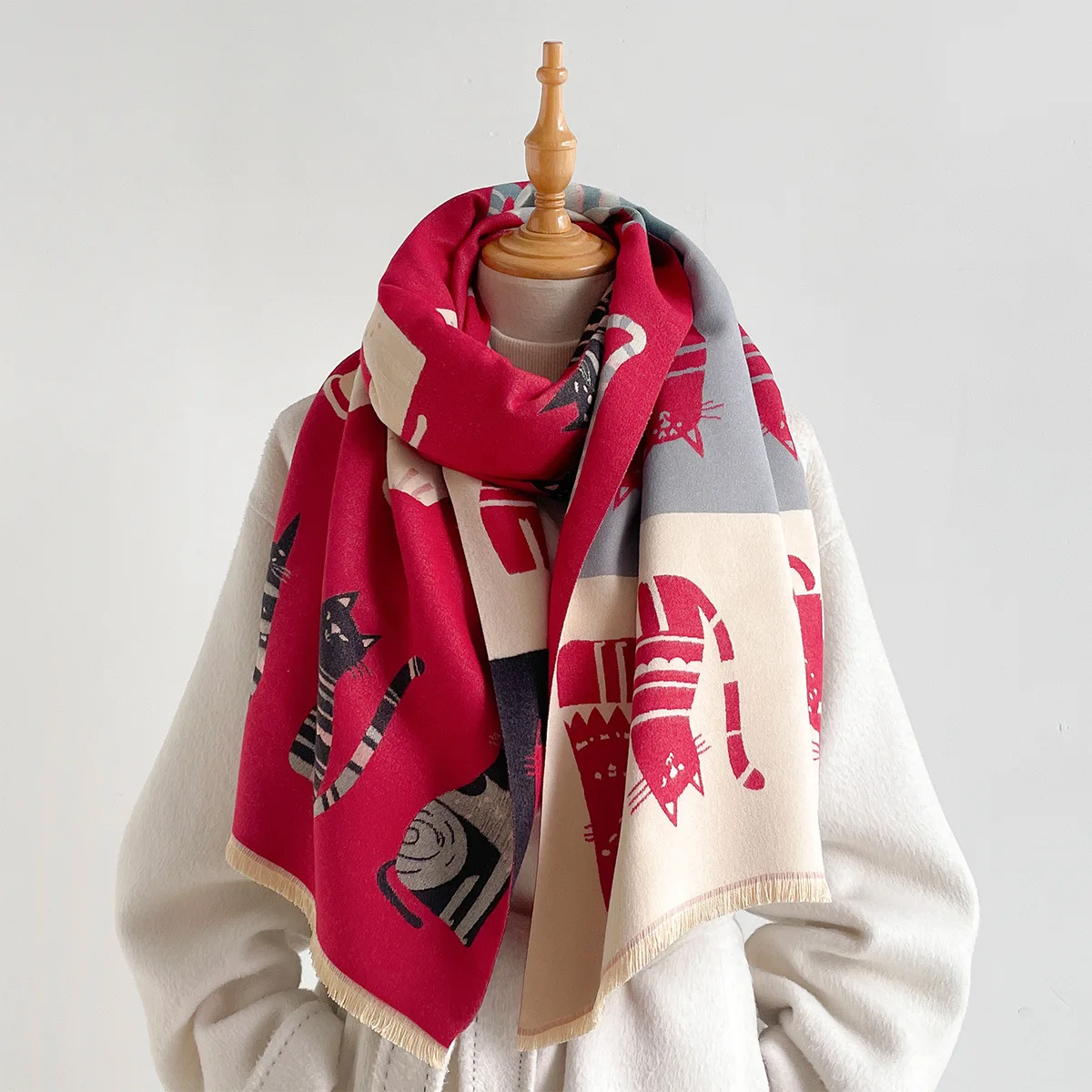 Winter Pashmina Brushed Scarf Cat Print Shawl Double Sided Reversible Thick Warm Soft Scarves Wrap for Women Xmas Holiday Gift