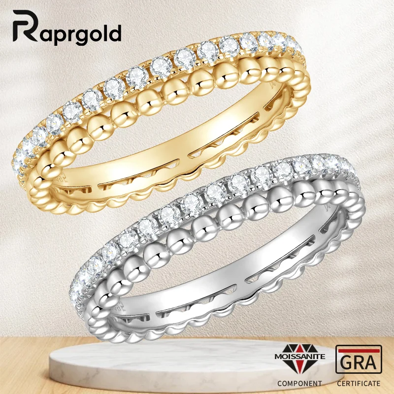 

RAPRGOLD 1.5MM Round Moissanite Double-ring Half Eternity Ring Real 925 Sterling Silver Wedding Ring for Women Fine Jewelry Gift