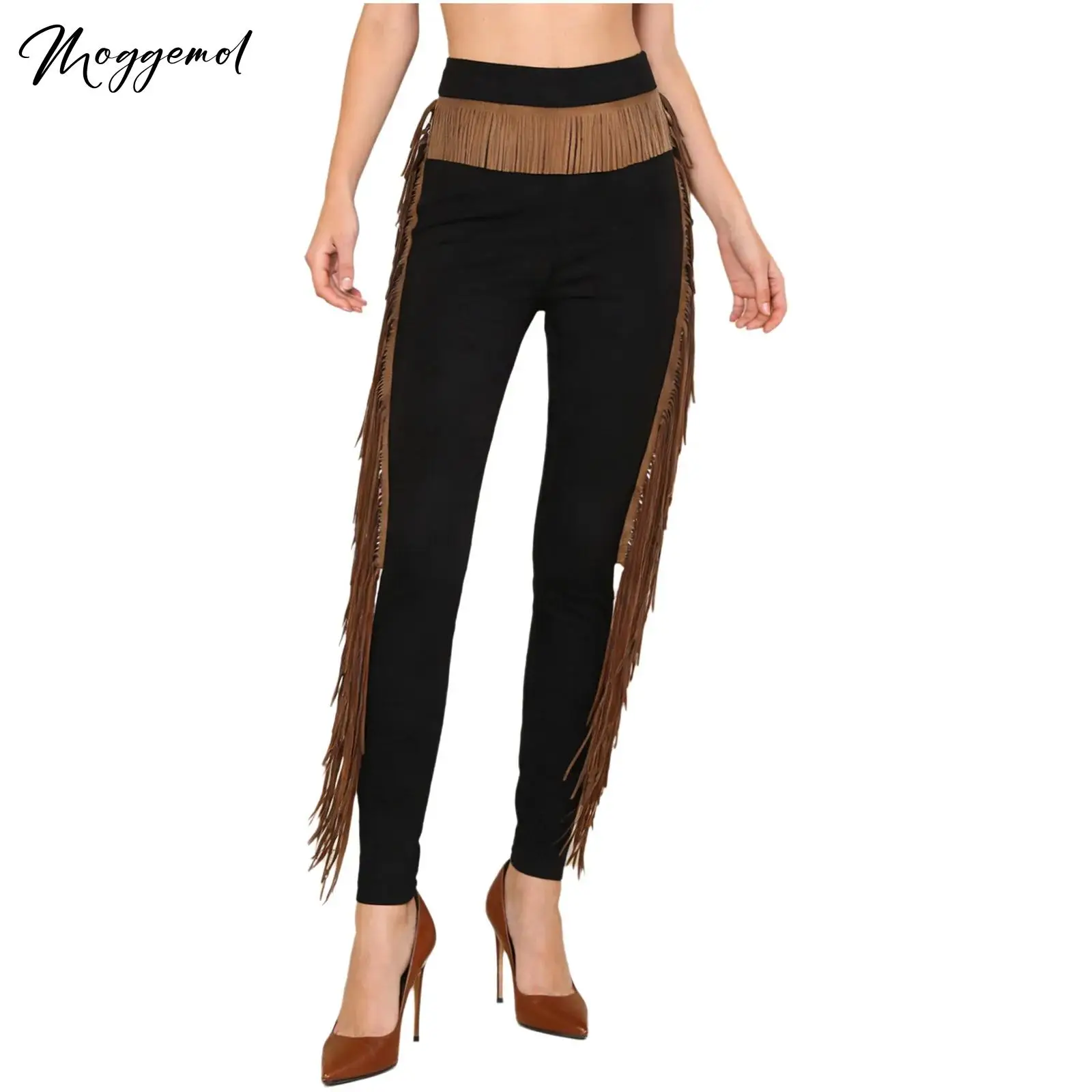 

Женские длинные брюки в стиле вестерн с бахромой, с кисточками на талии и боковых швахах, леггинсы с молнией сзади, узкие брюки для Хэллоуина