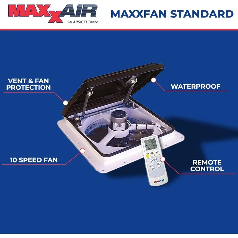 Maxxfan Plus High Powered 10-Speed RV Intake and Exhaust Fan - Manual or Remote Control Electric Opening, Easy Ceiling Controls