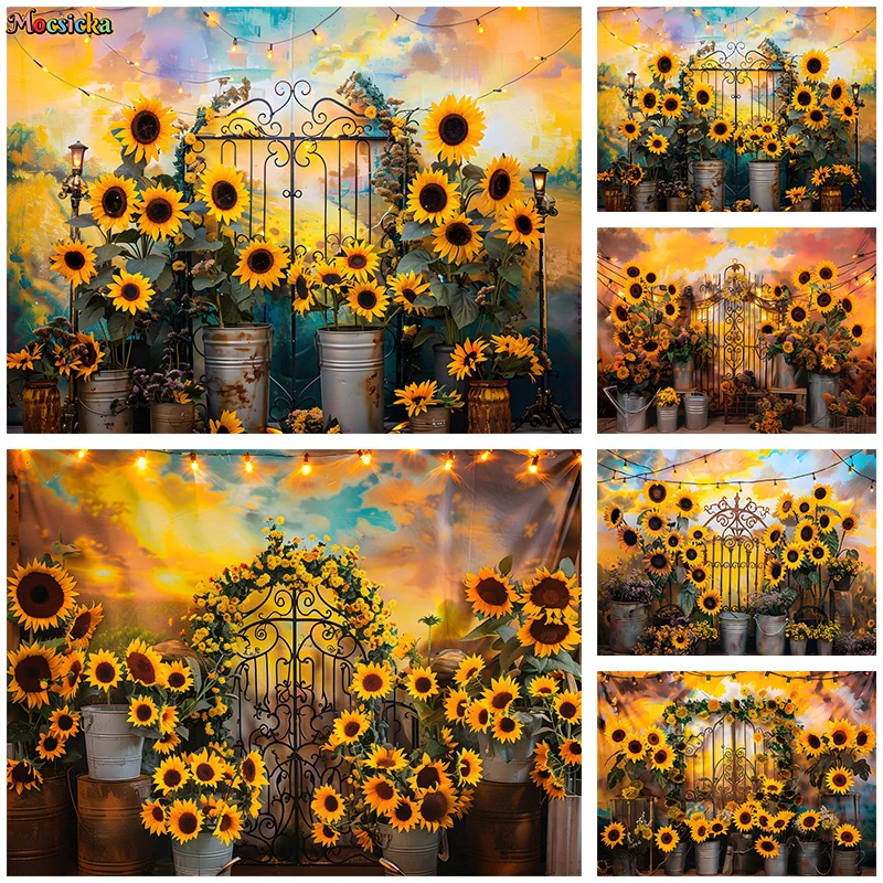 

Mocsicka Photography Background Kids Happy Birthday Party Sunflower Iron Door Backdrop Kids Portrait Photo Banner Studio Prop