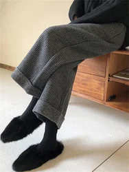 Fashion Plaid Women Woolen Wide Leg Pants 2024 Winter Long Trousers High Waist Straight Loose vintage Female Casual Bottoms