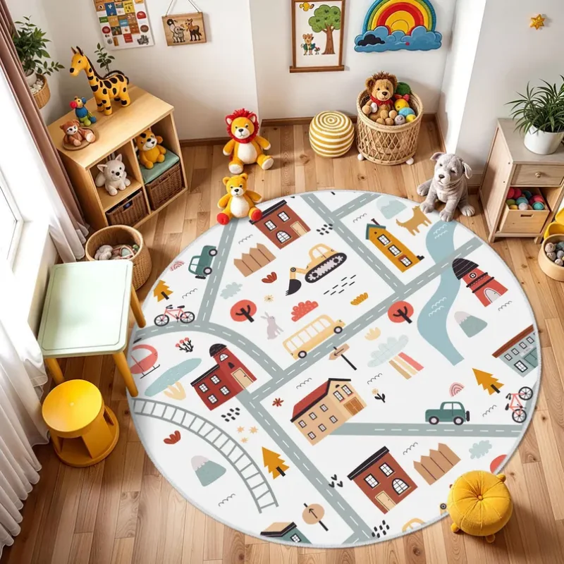 Cartoon Town Road Play Round Rug City Building Car Print Non Slip Soft Mat Interactive Game Carpet Playroom Bedroom Decor